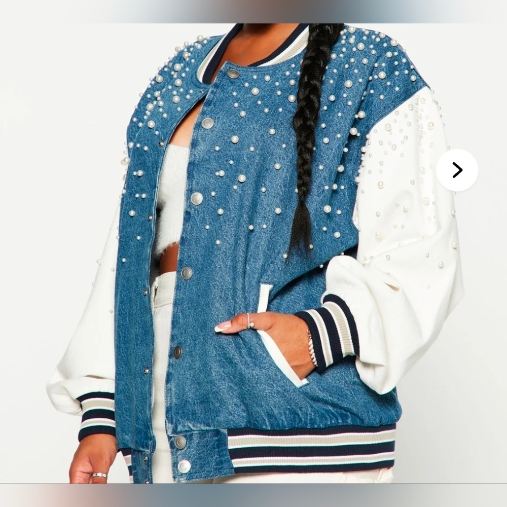 Fashion Nova Pearl Embellished Denim Varsity Jacket Size L - Picture 2 of 8